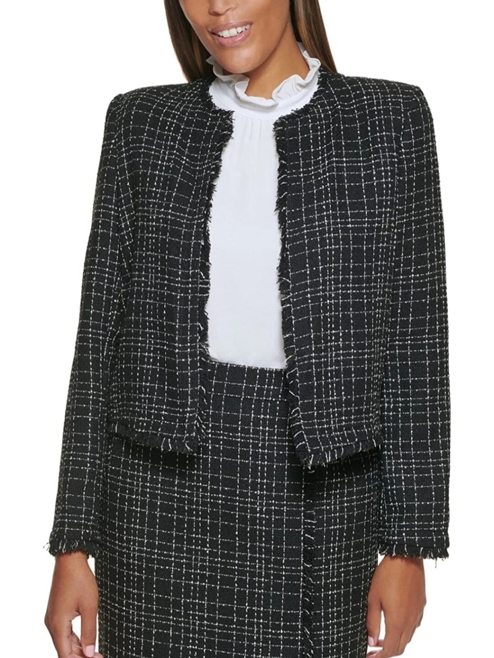 Calvin Klein Black & White Tweed Fringe Open-Front Jacket Size 2